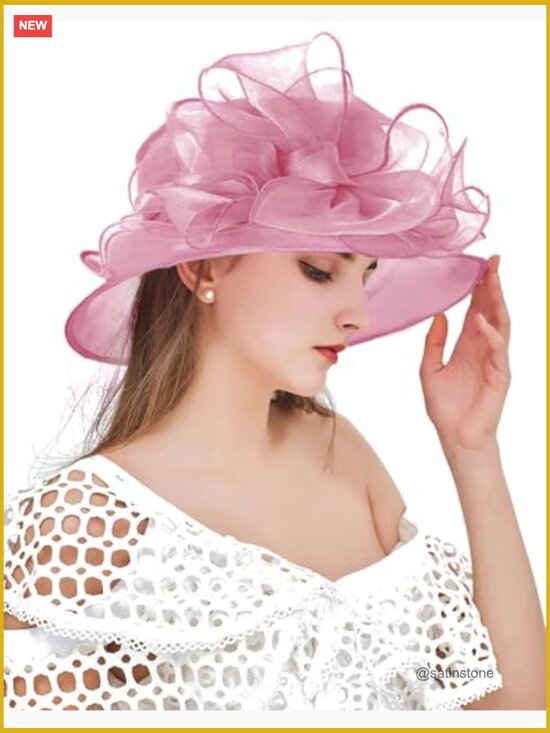 Organza Fascinator Derby Hat with Wide Brim for Wedding Church Tea Party